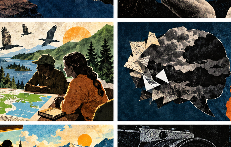 A glowing laptop untangling golden threads into a clear mountain path.