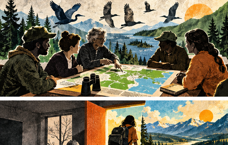 A conservation team gathered around a map beneath flying birds.